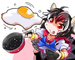 Rule 34 | 1girl, ahoge, bangle, black hair, bow, bracelet, cooking, dress, egg, frying pan, horns, jewelry, kijin seija, multicolored hair, red eyes, red hair, shinapuu, short hair, smile, solo, spatula, streaked hair, tongue, tongue out, touhou, white hair