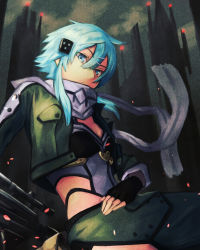 Rule 34 | 1girl, anti-materiel rifle, bare hips, black gloves, blue eyes, blue hair, bolt action, breasts, cleavage, closed mouth, fingerless gloves, from below, frown, gloves, green jacket, grey scarf, gun, hair between eyes, hair ornament, hairclip, highres, jacket, long sleeves, looking at viewer, nasubin (nasubisamurai15), open clothes, open jacket, pgm hecate ii, rifle, scarf, short hair with long locks, sidelocks, sinon, small breasts, sniper rifle, solo, sword art online, weapon