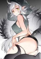 Rule 34 | 1girl, absurdres, ahoge, arknights, artist name, ass, bad id, bad pixiv id, bare arms, bare shoulders, black thighhighs, breasts, commentary, crocodilian tail, highres, hood, large tail, long hair, looking at viewer, medium breasts, parted lips, pointy ears, shao (shaorouhong), silver hair, sleeveless, solo, tail, thick thighs, thighhighs, thighs, tomimi (arknights), torn clothes, torn thighhighs, yellow eyes