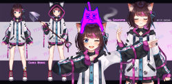 Rule 34 | &gt;:(, 1boy, :p, ;), animal ear fluff, animal ears, animal hood, artist name, bandages, black hoodie, black shirt, black shorts, blue eyes, blush, brown hair, buttons, cat, cat ears, cat girl, cat hood, character sheet, cigarette, closed eyes, clothing cutout, colored tips, cowboy shot, dab (dance), eyebrows hidden by hair, facing viewer, full body, hair ribbon, hand up, hands up, high collar, highres, holding, holding cigarette, holding shovel, hood, hood down, hood up, hoodie, letterboxed, lil&#039; purp, looking at viewer, medium hair, mole, mole under eye, multicolored hair, one eye closed, open mouth, original, outside border, purple background, red footwear, ribbon, shirt, shoes, shorts, shovel, smile, sodapoppin, squchan, swept bangs, tongue, tongue out, undershirt, v-shaped eyebrows, virtual youtuber, white hoodie