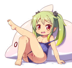 Rule 34 | 1girl, barefoot, breasts, censored, chibi, clothes pull, clothing aside, fang, green hair, inflatable dolphin, inflatable toy, langbazi, leaning back, leg up, long hair, md5 mismatch, nipples, one-piece swimsuit, one-piece swimsuit pull, open mouth, original, pointless censoring, pointy ears, pussy, red eyes, school swimsuit, sitting, small breasts, smile, solo, swimsuit, swimsuit aside, twintails