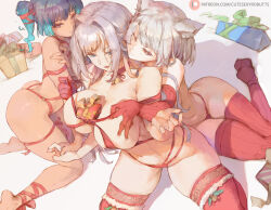 Rule 34 | 3girls, animal ears, ass, black hair, blue eyes, blue hair, blush, box, grabbing another&#039;s breast, breasts, brown eyes, butt crack, cat ears, collarbone, cutesexyrobutts, elbow gloves, ethel (xenoblade), fiery hair, gift, gift box, gloves, grabbing, gradient hair, grey eyes, grey hair, highres, large breasts, long hair, medium breasts, medium hair, mio (xenoblade), multicolored hair, multiple girls, navel, one eye closed, open mouth, panties, red gloves, red panties, red ribbon, red thighhighs, ribbon, sena (xenoblade), short hair, smile, thighhighs, thighs, underwear, xenoblade chronicles (series), xenoblade chronicles 3