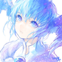 Rule 34 | 1girl, blue eyes, blue hair, commentary, dated, feathered wings, final fantasy, final fantasy xiv, gradient hair, head wings, light particles, limited palette, looking up, meteion, multicolored hair, parted lips, portrait, purple hair, short hair, signature, simple background, sketch, solo, sparkling eyes, symbol-only commentary, uroko (mnr), white background, wings