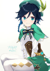 Rule 34 | 1boy, absurdres, beret, black hair, blue hair, blush, braid, capelet, center frills, commentary request, frills, genshin impact, gradient background, green capelet, green hat, green shorts, grey background, hat, highres, long hair, long sleeves, looking at viewer, male focus, multicolored hair, ochinsama, pantyhose, puffy shorts, shirt, short shorts, shorts, signature, sitting, smile, solo, streaked hair, twin braids, twitter username, venti (genshin impact), white background, white pantyhose, white shirt
