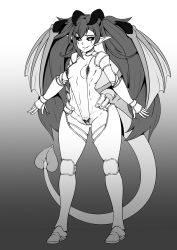 Rule 34 | 1girl, armor, bikini, bikini armor, black sclera, colored sclera, commentary, covered erect nipples, demon girl, demon horns, demon tail, demon wings, elakan, english commentary, fang, full body, greyscale, highres, horns, lilim (monster girl encyclopedia), long hair, looking at viewer, monochrome, monster girl, monster girl encyclopedia, open mouth, pussy, simple background, slingshot swimsuit, slit pupils, smile, solo, standing, swimsuit, tail, thong bikini, twintails, uncensored, very long hair, wings
