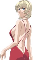 Rule 34 | 1girl, ass, bible black, blonde hair, breasts, butt crack, dress, earrings, green eyes, jewelry, jody crowley, large breasts, necklace, red dress, shin bible black, transparent background, witch