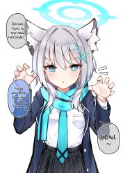 Rule 34 | 1girl, absurdres, animal ear fluff, animal ears, black jacket, black skirt, blue archive, blue eyes, blue halo, blue necktie, blue scarf, bright pupils, claw pose, clov er, cross hair ornament, english text, grey hair, hair between eyes, hair ornament, halo, highres, jacket, long sleeves, looking at viewer, mismatched pupils, necktie, open clothes, open jacket, open mouth, scarf, shiroko (blue archive), shirt, shirt tucked in, simple background, skirt, speech bubble, typo, white background, white pupils, white shirt, wolf ears