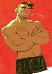 Rule 34 | 1boy, ace attorney, bandaid, bandaid on cheek, bandaid on face, bara, black hair, boxers, cropped legs, crossed arms, dick gumshoe, facial hair, goatee, large pectorals, looking to the side, male focus, male underwear, mr kasuy, muscular, muscular male, navel hair, nipples, pectorals, short hair, sideburns, solo, stomach, stubble, sweat, sweatdrop, thick eyebrows, topless male, underwear, unfinished
