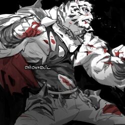 Rule 34 | 1boy, animal ears, arknights, bara, bare pectorals, black tank top, blood, blood from mouth, blood on hands, chain necklace, clenched hands, feet out of frame, fighting stance, from side, furry, furry male, jewelry, large pectorals, male focus, mountain (arknights), muscular, muscular male, necklace, nipples, onion holic, pectorals, scar, scar across eye, scar on face, serious, shirt, short hair, sideburns, sketch, solo, sweat, tank top, tiger boy, tiger ears, torn clothes, torn shirt, white fur
