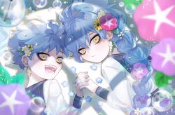 Rule 34 | 2boys, :d, aged down, alternate costume, blue eyeshadow, blue flower, blue hair, blue nails, blue pants, braid, brothers, bubble, chaonkun0303, child, closed mouth, earrings, eyeshadow, flower, flower earrings, hair flower, hair ornament, high-waist pants, holding hands, idia shroud, jewelry, lavender (flower), leaf, lily of the valley, long hair, long sleeves, looking at viewer, looking up, lying, makeup, male focus, morning glory, multiple boys, on stomach, open mouth, ortho shroud, pants, pink flower, purple flower, sailor collar, sharp teeth, shirt, short hair, siblings, single braid, smile, teeth, twisted wonderland, upper body, white flower, white shirt, yellow eyes, yellow flower