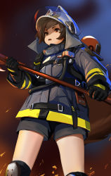 Rule 34 | 1girl, agwing86, animal ears helmet, arknights, axe, black gloves, black jacket, brown eyes, brown hair, fire, fire axe, fire helmet, firefighter jacket, firefighter, gloves, highres, jacket, knee pads, open mouth, oxygen tank, shaw (arknights), short hair, shorts, solo, squirrel girl, squirrel tail, tail