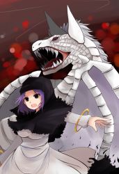 Rule 34 | 1girl, animal, arano oki, character request, female focus, hood, jewelry, kumoi ichirin, long sleeves, open mouth, outstretched arms, purple eyes, purple hair, red eyes, ring, saliva, sharp teeth, short hair, silver hair, solo, teeth, touhou