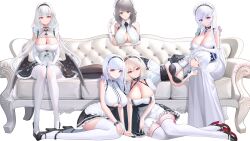 Rule 34 | 6+girls, absurdres, anchor choker, apron, azur lane, bare shoulders, belfast (azur lane), black footwear, black hairband, black skirt, black thighhighs, blue eyes, blue hair, bracelet, braid, breasts, center frills, chain, charybdis (azur lane), choker, cleavage, closed eyes, closed mouth, clothing cutout, collar, collarbone, couch, dido (azur lane), dress, elbow gloves, framed breasts, french braid, frilled apron, frilled choker, frills, full body, gloves, grey eyes, grey hair, hair between eyes, hairband, hermione (azur lane), high heels, highres, huge breasts, jewelry, lace-trimmed hairband, lace trim, lap pillow, large breasts, long dress, long hair, looking at viewer, lying, maid, maid apron, maid headdress, medium hair, metal collar, multiple girls, on couch, on side, pantyhose, puffy short sleeves, puffy sleeves, purple eyes, red eyes, scylla (azur lane), shirt, shoes, short hair, short sleeves, simple background, sirius (azur lane), sitting, skirt, sleeping, sleeveless, sleeveless shirt, smile, thighhighs, tina (tinafya), twintails, underboob, underboob cutout, very long hair, waist apron, white apron, white background, white dress, white gloves, white hair, white pantyhose, white thighhighs, zettai ryouiki