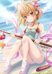 Rule 34 | 1girl, andira (granblue fantasy), animal ears, antenna hair, bare shoulders, blonde hair, blue flower, blue one-piece swimsuit, blue sky, blush, breasts, brown eyes, closed mouth, cloud, cloudy sky, collarbone, commentary request, day, detached sleeves, flower, granblue fantasy, hagoromo, hair between eyes, highres, holding, horizon, knees up, long sleeves, looking at viewer, monkey ears, monkey girl, monkey tail, ocean, one-piece swimsuit, outdoors, red flower, sandals, see-through, see-through sleeves, shawl, sitting, sky, small breasts, smile, solo, swimsuit, tail, usaginezumi, water, white footwear, wide sleeves, yellow flower