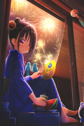 Rule 34 | 1girl, aiuabo, animal, barefoot, bird, black hair, blue kimono, blue nails, bluebird, can, commentary request, fireworks, flower, food, fruit, hair bun, hair flower, hair ornament, hair over one eye, hand fan, highres, holding, holding can, holding fan, japanese clothes, kimono, long sleeves, looking at viewer, nail polish, original, paper fan, plate, red eyes, sidelocks, single hair bun, sitting, smile, solo, sunflower, sunflower hair ornament, toenail polish, toenails, uchiwa, watermelon, wind chime, yukata