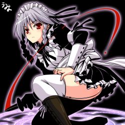Rule 34 | 1girl, boots, braid, cross-laced footwear, female focus, garter straps, hand on thigh, highres, izayoi sakuya, lace-up boots, magic circle, maid, maid headdress, on one knee, red eyes, solo, squatting, thighhighs, touhou, twin braids, umyonge (lkakeu), white hair, white thighhighs