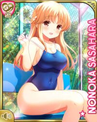 Rule 34 | 1girl, blonde hair, blue one-piece swimsuit, blush, breasts, character name, cleavage, competition swimsuit, day, girlfriend (kari), large breasts, legs, long hair, one-piece swimsuit, open mouth, pool, poolside, qp:flapper, red eyes, sasahara nonoka, sitting, smile, swimsuit, tagme