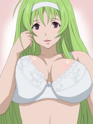 Rule 34 | 10s, 1girl, bare shoulders, blush, bra, breasts, breasts squeezed together, brown eyes, cleavage, green hair, hairband, large breasts, long hair, looking at viewer, open mouth, simple background, solo, star driver, toku (tokuhp), underwear, watanabe kanako, white bra