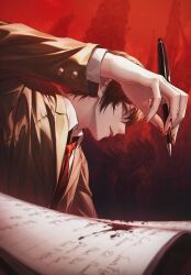 Rule 34 | 1boy, 1other, arm up, blood, blood on hands, brown hair, brown jacket, buttons, collared jacket, collared shirt, commentary, death note, english commentary, fingernails, gradient background, hair between eyes, hand up, highres, holding, holding pen, jacket, lips, long fingernails, long sleeves, looking to the side, necktie, note, open clothes, open jacket, pen, red background, red eyes, red necktie, ryuk, shirt, short hair, sitting, smile, table, teeth, und0, white shirt, wing collar, yagami light