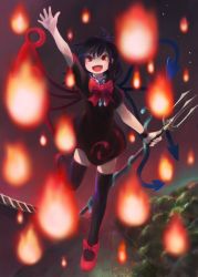 Rule 34 | 1girl, arm up, asymmetrical wings, black hair, black thighhighs, bow, dress, fang, fire, highres, houjuu nue, ichiba youichi, mary janes, open mouth, polearm, red eyes, shoes, short dress, short hair, smile, snake, solo, thighhighs, touhou, weapon, wings