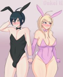 Rule 34 | 1boy, 1girl, absurdres, ahoge, akamatsu kaede, arm behind head, arm up, artist name, bare arms, bare legs, bare shoulders, black bow, black bowtie, black hair, blonde hair, blush, bow, bowtie, breasts, bulge, cameltoe, cleavage, cleft of venus, closed mouth, collarbone, crossdressing, danganronpa (series), danganronpa v3: killing harmony, detached collar, ears, elbow gloves, eyelashes, fortissimo, gloves, gradient background, hair ornament, hand on own head, hand up, highres, holding hands, large breasts, legs, leotard, long hair, looking away, medium hair, musical note, musical note hair ornament, neck, nose, onkelhhh, pectorals, pink background, pink bow, pink bowtie, playboy bunny, purple eyes, purple gloves, rabbit boy, rabbit ears, rabbit girl, rabbit tail, saihara shuichi, shiny skin, signature, simple background, standing, stomach, thick thighs, thighs, thighs together, wavy mouth, white background, white cuffs, wrist cuffs, yellow eyes