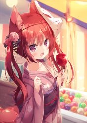 Rule 34 | 1girl, :d, animal ear fluff, animal ears, blurry, blurry background, blush, candy apple, collarbone, commentary request, depth of field, flat chest, floral print, food, fox ears, fox girl, fox mask, fox tail, hair between eyes, hands up, highres, holding, holding food, hoshi (snacherubi), japanese clothes, kimono, long hair, long sleeves, looking at viewer, mask, mask on head, obi, open mouth, original, outdoors, pinching sleeves, pink kimono, print kimono, red eyes, red hair, sash, sleeves past wrists, smile, solo, standing, tail, twintails, wide sleeves