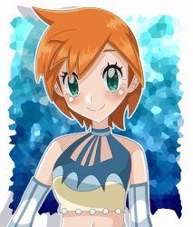 Rule 34 | 1girl, bare shoulders, breasts, closed mouth, creatures (company), detached sleeves, earrings, eyelashes, game freak, green eyes, highres, jewelry, looking at viewer, misty (pokemon), misty (sygna suit) (pokemon), navel, nintendo, official alternate costume, open mouth, orange hair, pokemon, pokemon masters ex, shiki (kisikisi1007), shirt, short hair, skirt, smile, solo