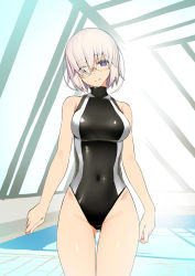 Rule 34 | 1girl, alternate costume, bare shoulders, black one-piece swimsuit, breasts, closed mouth, covered navel, fate/grand order, fate (series), glasses, hair over one eye, highleg, highleg swimsuit, light purple hair, looking at viewer, mash kyrielight, medium breasts, namonashi, one-piece swimsuit, purple eyes, rei no pool, short hair, smile, solo, swimsuit, thighs