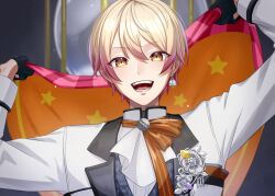 Rule 34 | 1boy, black gloves, blonde hair, commentary, earrings, flag, flower, gloves, gradient hair, high collar, highres, holding, holding flag, jewelry, lapels, long sleeves, looking at viewer, male focus, multicolored hair, notched lapels, open mouth, orange hair, pink hair, project sekai, short hair, single earring, solo, star (symbol), teeth, tenma tsukasa, upper body, yk62