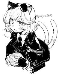 Rule 34 | 1girl, animal ears, arknights, ball, blush, cat ears, cat girl, cat tail, collared shirt, fingerless gloves, flying sweatdrops, gloves, greyscale, hands up, hat, highres, holding, holding ball, jacket, long sleeves, looking at viewer, mini hat, monochrome, mousse (arknights), multicolored hair, necktie, shirt, short hair, simple background, solo, tail, twitter username, two-tone hair, upper body, white background, yarn, yarn ball, yom (ymayma00ss)