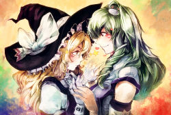Rule 34 | 2girls, black headwear, black vest, blonde hair, blush, bow, brown eyes, center frills, collar, commentary request, detached sleeves, embarrassed, eye contact, frilled collar, frilled hat, frills, frog hair ornament, frown, gloves, green hair, hair between eyes, hair ornament, hat, hat bow, hat ribbon, heart, holding hands, interlocked fingers, japanese clothes, kirisame marisa, kochiya sanae, large bow, light smile, long hair, looking at another, miko, multicolored background, multiple girls, nontraditional miko, profile, puffy short sleeves, puffy sleeves, rainbow background, ribbon, shirt, short sleeves, sidelocks, sleeveless, sleeveless shirt, snake hair ornament, star (symbol), sweat, touhou, vest, white bow, white shirt, witch hat, yuri