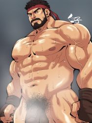 Rule 34 | 1boy, abs, alternate facial hair, bara, beard, black hair, completely nude, facial hair, feet out of frame, flaccid, headband, highres, large pectorals, looking at viewer, male focus, male pubic hair, mature male, muscular, muscular male, mustache, nipples, nude, out-of-frame censoring, pectorals, penis, penis peek, pubic hair, red headband, ryu (street fighter), shirako (kirupi), short hair, solo, steaming body, stomach, street fighter, street fighter 6, sweat, thick eyebrows, thick thighs, thighs, veins, veiny penis