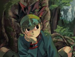 Rule 34 | 1boy, black eyes, black hair, brown eyes, forest, gon freecss, hand on own chin, hat, hunter x hunter, looking to the side, male focus, mito tomiko, nature, outdoors, parted lips, plant, solo