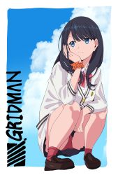 Rule 34 | 10s, 1girl, absurdres, akai tanuki, ass, bad id, bad pixiv id, black hair, black skirt, blue eyes, blue sky, bow, brown footwear, cardigan, cloud, cloudy sky, collared shirt, commentary request, copyright name, day, eyebrows hidden by hair, fingernails, full body, gridman universe, hair between eyes, hand on own cheek, hand on own face, hand up, highres, loafers, long hair, long sleeves, looking away, looking to the side, orange scrunchie, panties, pantyshot, pleated skirt, red bow, red panties, red socks, scrunchie, shirt, shoes, skirt, sky, socks, solo, squatting, ssss.gridman, takarada rikka, underwear, white cardigan, white shirt, wrist scrunchie