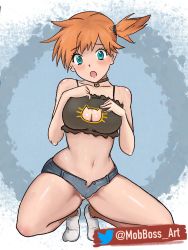 Rule 34 | 1girl, adapted costume, asymmetrical hair, back, black shirt, blush, breasts, cat cutout, cleavage, clothing cutout, cowboy shot, creatures (company), denim, denim shorts, game freak, gen 1 pokemon, green eyes, gym leader, highres, legs, looking at viewer, medium breasts, misty (pokemon), mob boss art, navel, nintendo, open mouth, orange hair, pokemon, pokemon (anime), pokemon (classic anime), ponytail, red hair, shirt, shoes, short hair, short shorts, shorts, side ponytail, simple background, sleeveless, sleeveless shirt, solo, tank top, thighs, wide hips