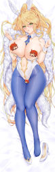Rule 34 | 1girl, artoria pendragon (all), artoria pendragon (fate), artoria pendragon (swimsuit ruler) (fate), bare shoulders, blonde hair, blue necktie, blue pantyhose, blush, braid, breasts, censored, cleavage, dakimakura (medium), detached collar, fate/grand order, fate (series), feather boa, full body, green eyes, hands up, high heels, highleg, highleg leotard, highres, large breasts, leotard, long hair, lying, navel, necktie, on back, pantyhose, parted lips, playboy bunny, ponytail, solo, thighs, toyoman, white footwear, white leotard, wrist cuffs