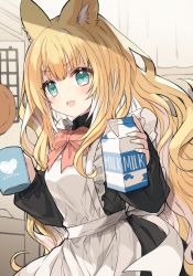 Rule 34 | 1girl, :d, animal ear fluff, animal ears, apron, black dress, blonde hair, bow, commentary request, cup, dress, fang, fox ears, frilled apron, frills, green eyes, holding, holding cup, kamiyoshi rika, long hair, long sleeves, looking at viewer, maid, maid apron, milk carton, mug, open mouth, original, pink bow, puffy long sleeves, puffy sleeves, smile, solo, v-shaped eyebrows, very long hair, white apron
