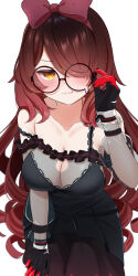 Rule 34 | 1girl, :3, black-framed eyewear, black dress, black gloves, blush, breasts, brown eyes, brown hair, cleavage, detached sleeves, dress, glasses, gloves, hair over one eye, highres, hololive, leo (f mmmnkm paint), looking at viewer, medium breasts, red gloves, roboco-san, roboco-san (night dress), see-through, see-through cleavage, see-through sleeves, sleeveless, sleeveless dress, smile, two-tone gloves, virtual youtuber, white background