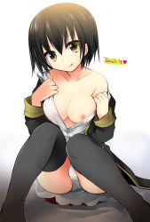Rule 34 | 1girl, black hair, black thighhighs, breast slip, breasts, breasts out, cleavage, english text, heart, kamiyoshi rika, looking at viewer, nipples, one breast out, open clothes, open shirt, original, panties, shirt, short hair, skirt, solo, thighhighs, tongue, tongue out, underwear, undressing, white panties, yellow eyes
