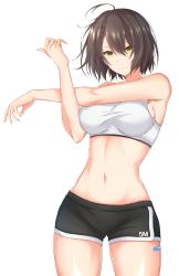 Rule 34 | 1girl, ahoge, azur lane, baltimore (azur lane), baltimore (black ace) (azur lane), bare arms, bare shoulders, black hair, black shorts, braid, breasts, commentary request, cowboy shot, crop top, dolphin shorts, gym shorts, hair between eyes, hand up, highres, large breasts, looking at viewer, midriff, navel, short hair, short shorts, shorts, simple background, smile, solo, sports bra, standing, stomach, stretching, thighs, watarase piro, white background, yellow eyes