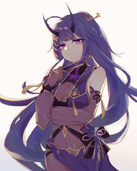 Rule 34 | 1girl, backlighting, bare shoulders, commentary request, detached sleeves, flower, hair flower, hair ornament, hand fan, highres, holding, holding fan, honkai (series), honkai impact 3rd, horns, long hair, oni horns, purple eyes, purple hair, raiden mei, raiden mei (herrscher of thunder), red pupils, see-through, sidelocks, silence (pixiv18541142), simple background, solo, tagme, very long hair, white background, yellow flower