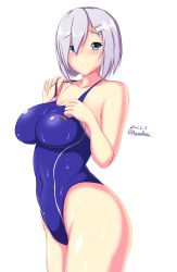 1girl alternate_costume blue_eyes blue_one-piece_swimsuit breasts competition_swimsuit cowboy_shot dated from_side hair_between_eyes hair_ornament hair_over_one_eye hairclip hamakaze_(kancolle) highleg highleg_one-piece_swimsuit highres impossible_clothes impossible_swimsuit kantai_collection large_breasts looking_at_viewer montemasa one-piece_swimsuit parted_bangs short_hair silver_hair simple_background skin_tight smile solo swimsuit thighs white_background wide_hips