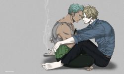 Rule 34 | 2boys, bare shoulders, blonde hair, blue eyes, blue shirt, cigarette, couple, dark-skinned male, dark skin, eye contact, facial hair, forehead-to-forehead, full body, goatee, green hair, grey tank top, heads together, highres, looking at another, male focus, multiple boys, one piece, pectorals, pinattsu, roronoa zoro, sanji (one piece), scar, scar across eye, scar on face, shirt, short hair, smoking, spread legs, stubble, swept bangs, tank top, toned, toned male, yaoi