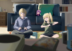 Rule 34 | 1boy, 1girl, :d, absurdres, black pants, black shorts, blonde hair, blue eyes, blue hoodie, blurry, blurry background, blurry foreground, bookshelf, brother and sister, can, character doll, chips (food), closed mouth, commentary, controller, couch, cushion, depth of field, drawing (object), food, game controller, green shirt, hair between eyes, highres, holding, holding controller, holding game controller, hood, hoodie, hoshino ai (oshi no ko), hoshino aquamarine, hoshino ruby, indian style, indoors, long hair, long sleeves, looking at another, looking at viewer, mismatched pupils, no pupils, one side up, open mouth, oshi no ko, pants, pink eyes, potato chips, puffy sleeves, shirt, short hair, short sleeves, shorts, siblings, sidelocks, sitting, smile, star-shaped pupils, star (symbol), sun x, symbol-only commentary, symbol-shaped pupils, t-shirt, teeth, twins, upper teeth only