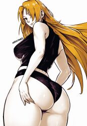 Rule 34 | 1girl, artist name, ass, black panties, black shirt, blonde hair, breasts, brown eyes, commentary, english commentary, hair over one eye, hand on own ass, highres, jujutsu kaisen, large breasts, lips, long hair, looking at viewer, looking back, miss faves, panties, shirt, sleeveless, sleeveless shirt, smile, solo, tsukumo yuki (jujutsu kaisen), underwear, wedgie, white background