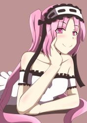Rule 34 | 1girl, arm garter, arm support, bare shoulders, black ribbon, blush, collarbone, dress, eyebrows, eyes visible through hair, fate/grand order, fate/hollow ataraxia, fate (series), frills, hairband, head rest, headdress, highres, lolita hairband, long hair, looking at viewer, lying, on stomach, purple eyes, purple hair, ribbon, riichi (yamataku0), simple background, sleeveless, sleeveless dress, smile, solo, stheno (fate), twintails, white dress
