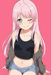 Rule 34 | 1girl, bang dream!, bang dream! it&#039;s mygo!!!!!, black tank top, blush, breasts, brown jacket, chihaya anon, collarbone, commentary, fries vanquisher, grey eyes, highres, jacket, long hair, looking at viewer, midriff, navel, one eye closed, open fly, pink background, pink hair, pink nails, shorts, simple background, small breasts, smile, solo, tank top