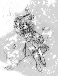 Rule 34 | 1girl, barefoot, bow, detached sleeves, female focus, full body, gohei, greyscale, hair ribbon, hakurei reimu, japanese clothes, lying, miko, monochrome, noorrzz, outdoors, ribbon, skirt, solo, squirrel, touhou, traditional media, wink