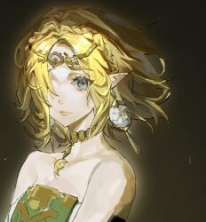 Rule 34 | 1girl, bare shoulders, blonde hair, blue eyes, braid, brown background, brown collar, chinese commentary, circlet, collar, collarbone, commentary request, crown braid, earrings, expressionless, floating hair, from side, hair over one eye, highres, jewelry, looking at viewer, nintendo, one eye covered, pendant collar, pointy ears, portrait, princess zelda, short hair, simple background, single braid, solo, strapless, the legend of zelda, the legend of zelda: tears of the kingdom, yetainai yetaishui
