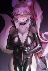 Rule 34 | 1girl, animal ear fluff, animal ears, arm behind back, black bodysuit, blush, bodysuit, bow, breasts, center opening, choker, cleavage, e nayuta, fate/grand order, fate (series), fox ears, fox girl, fox tail, glasses, hair between eyes, hair bow, highres, hip vent, koyanskaya (assassin) (first ascension) (fate), koyanskaya (fate), large breasts, licking lips, long hair, looking at viewer, pink bow, pink hair, ponytail, sidelocks, smile, solo, tail, tamamo (fate), thighs, tongue, tongue out, yellow eyes